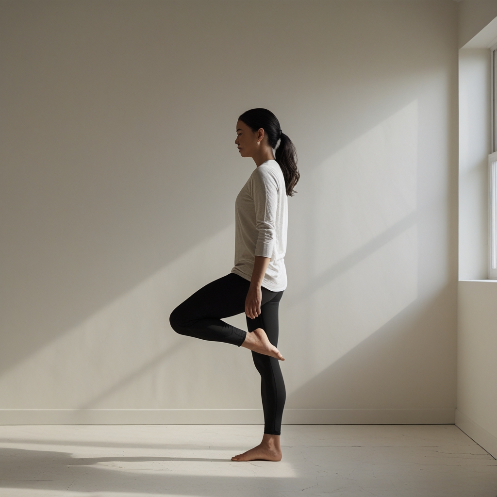 Person in a balanced standing pose on one leg in a minimalist studio, soft diffused light from a side window highlighting the silhouette against a pale wall