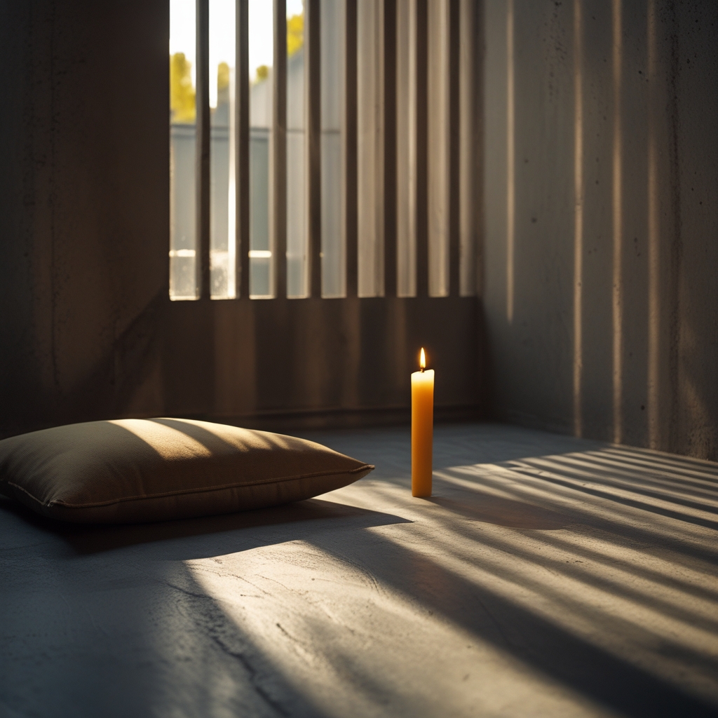 Serene meditation corner with cushion on polished concrete floor, single candle, long evening shadows from a slatted window, dark atmospheric photography