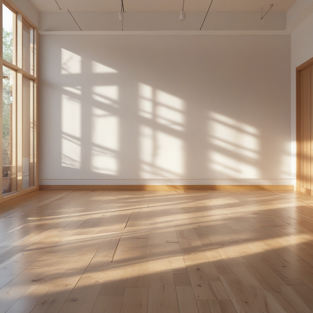 Minimalist yoga studio interior with wooden floors, large windows casting long morning shadows across an empty practice space, warm ambient light