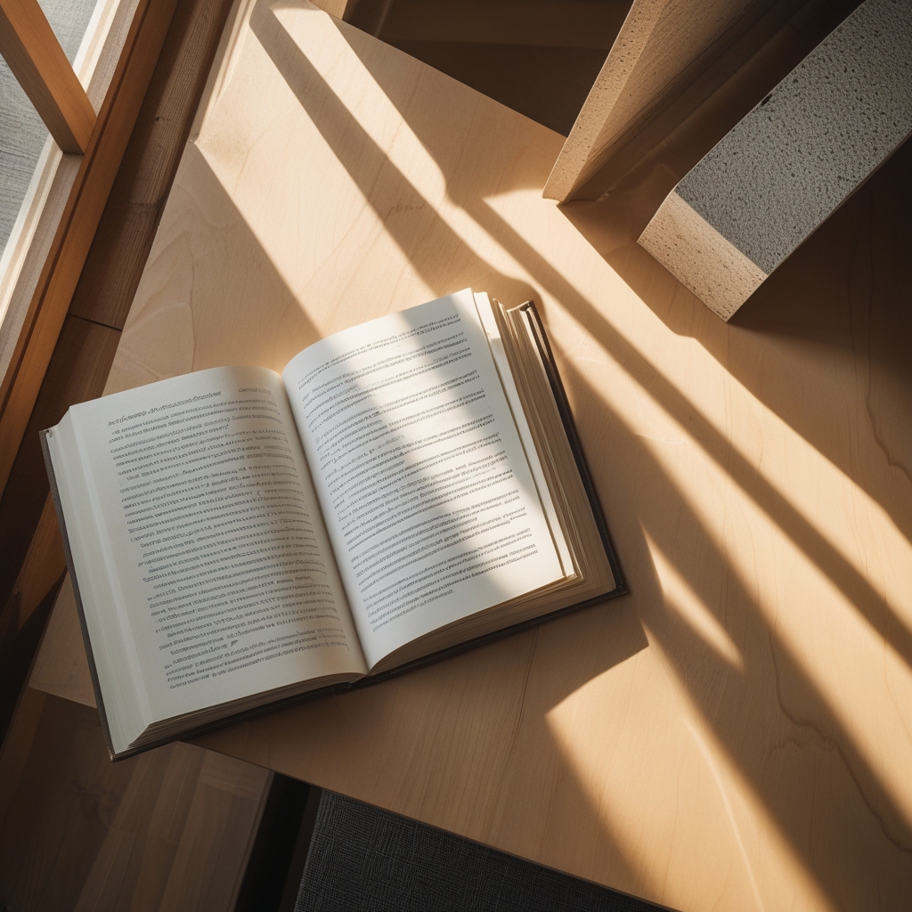 Overhead view of an open book with clean pages alongside a wooden desk surface, warm directional light casting long shadows across geometric shapes, minimalist study space